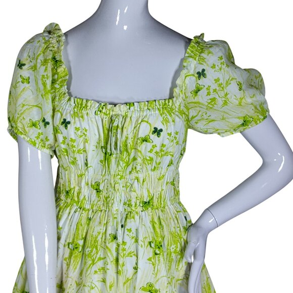 BP Nordstrom Sun Dress Size Small Light Green Floral Puffy Sleeves Pullover - Picture 2 of 8